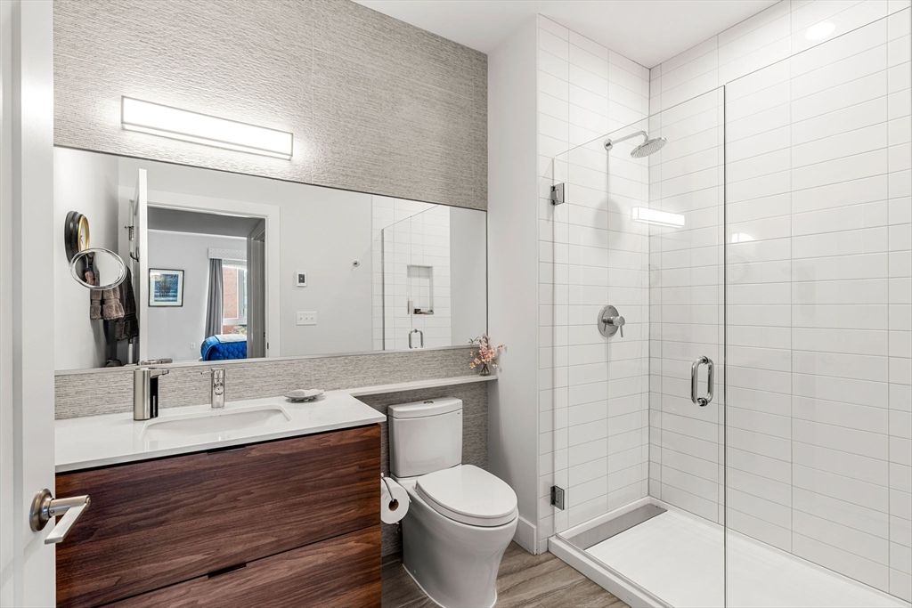 Bathroom, Glass Shower, Interior, Wood Texture Flooring