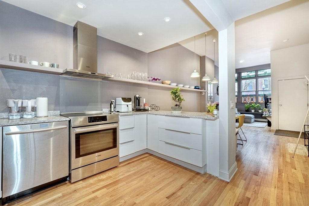Interior, Kitchen, Pendant Lights, Recessed Lighting, Stainless Steel Appliances, Wood Texture Flooring
