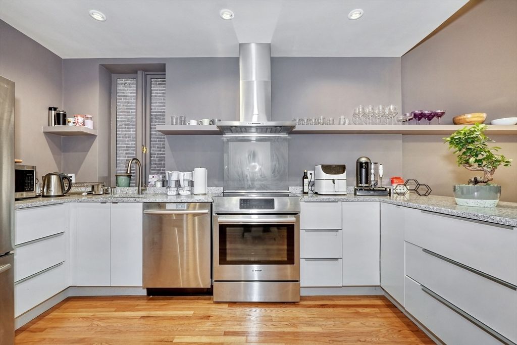 Interior, Kitchen, Recessed Lighting, Stainless Steel Appliances, Wood Texture Flooring