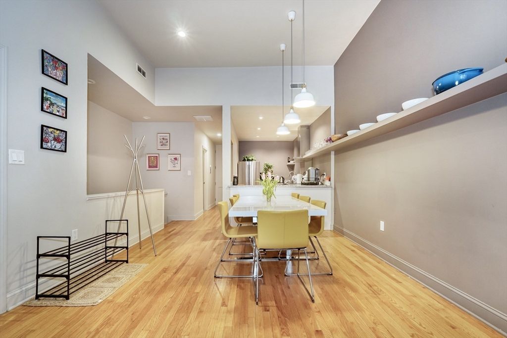 Dining room, Interior, Pendant Lights, Recessed Lighting, Wood Texture Flooring