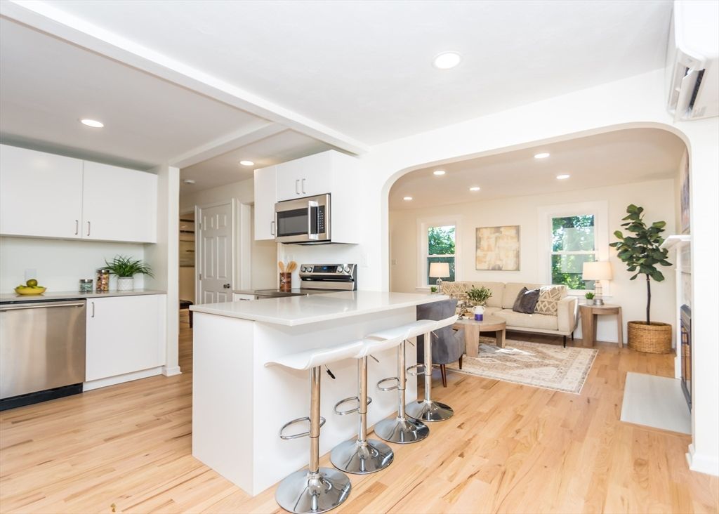 Interior, Kitchen, Living room, Recessed Lighting, Stainless Steel Appliances, Wood Texture Flooring