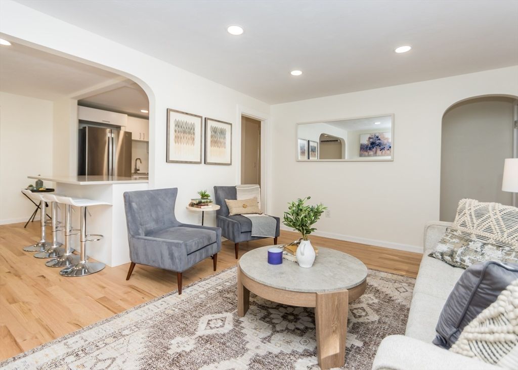 Interior, Living room, Recessed Lighting, Stainless Steel Appliances, Wood Texture Flooring