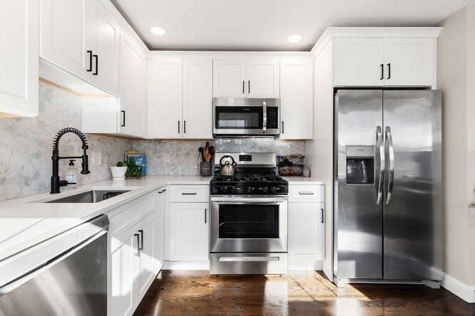 Interior, Kitchen, Recessed Lighting, Stainless Steel Appliances, Wood Texture Flooring