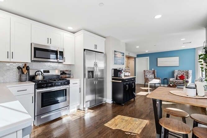 Interior, Kitchen, Recessed Lighting, Stainless Steel Appliances, Wood Texture Flooring