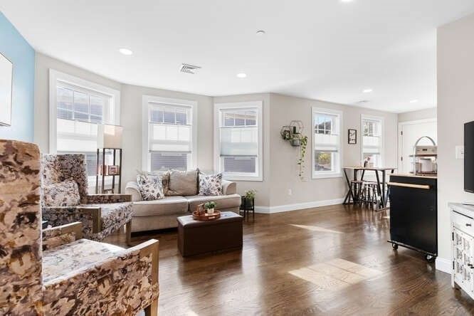 Dining room, Interior, Kitchen, Living room, Recessed Lighting, Wood Texture Flooring