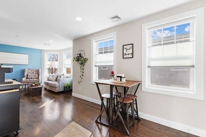 Dining room, Interior, Living room, Recessed Lighting, Wood Texture Flooring