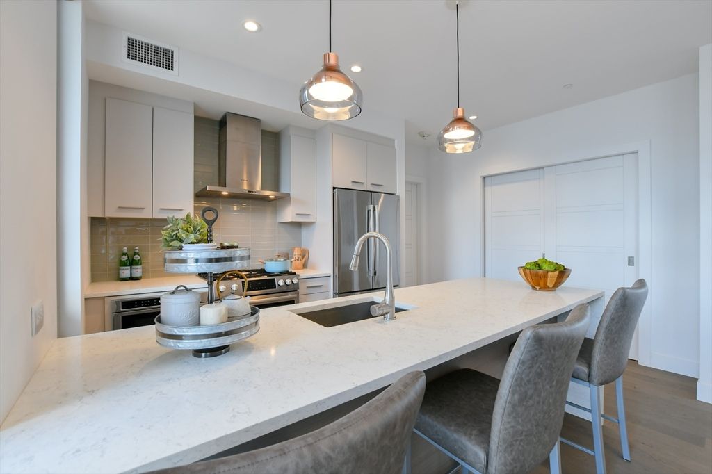 Interior, Kitchen, Pendant Lights, Recessed Lighting, Stainless Steel Appliances, Wood Texture Flooring