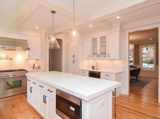 Interior, Kitchen, Pendant Lights, Recessed Lighting, Stainless Steel Appliances, Wood Texture Flooring
