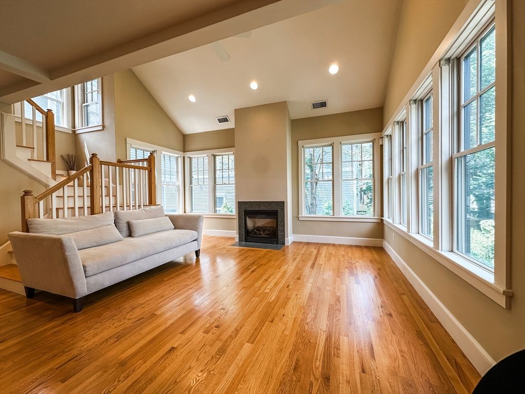 Fireplace, Interior, Recessed Lighting, Wood Texture Flooring