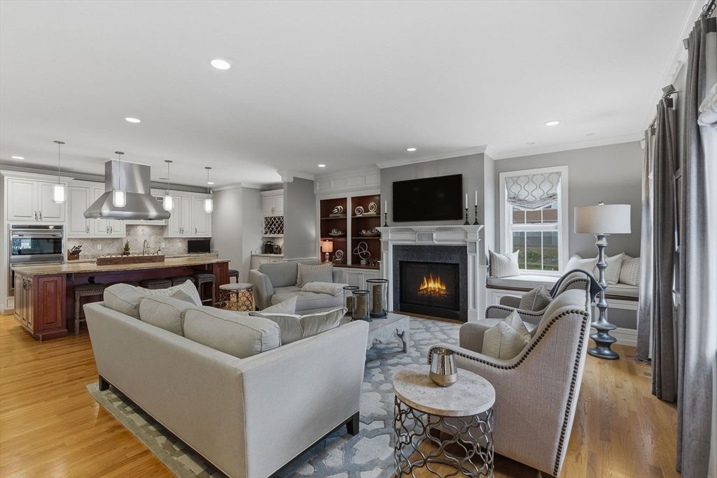 Fireplace, Interior, Kitchen, Living room, Pendant Lights, Recessed Lighting, Stainless Steel Appliances, Wood Texture Flooring