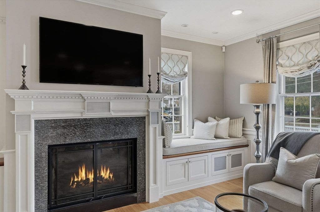 Fireplace, Interior, Recessed Lighting, Wood Texture Flooring