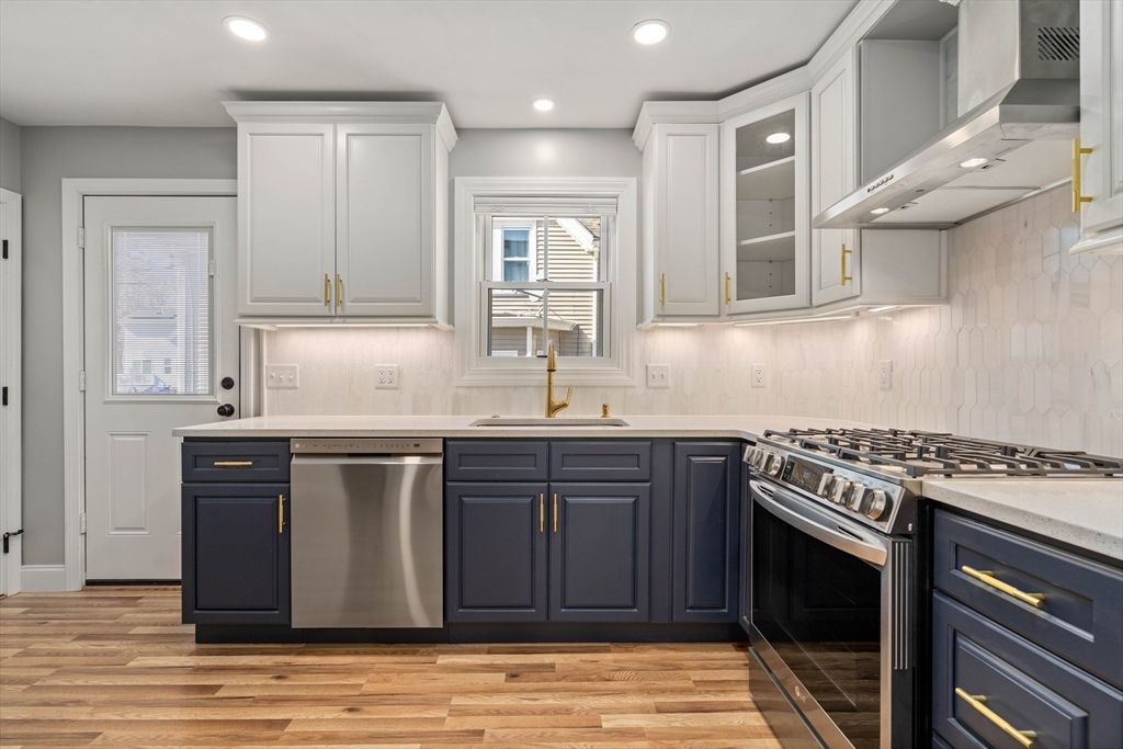 Interior, Kitchen, Recessed Lighting, Stainless Steel Appliances, Wood Texture Flooring