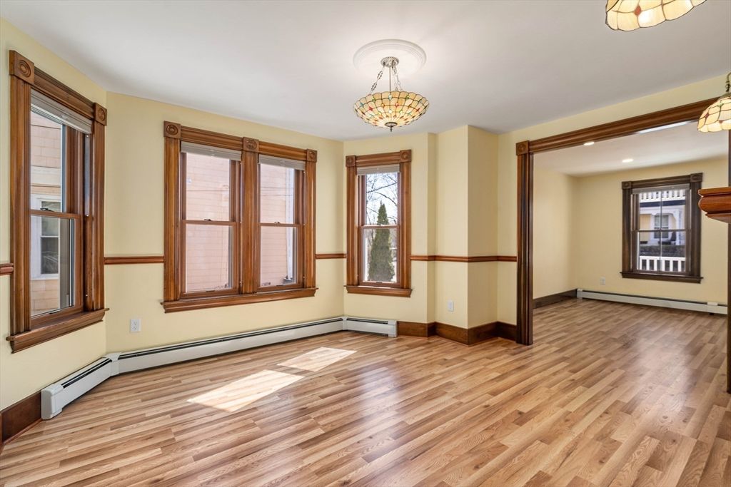 Chandelier, Empty room, Interior, Recessed Lighting, Wood Texture Flooring