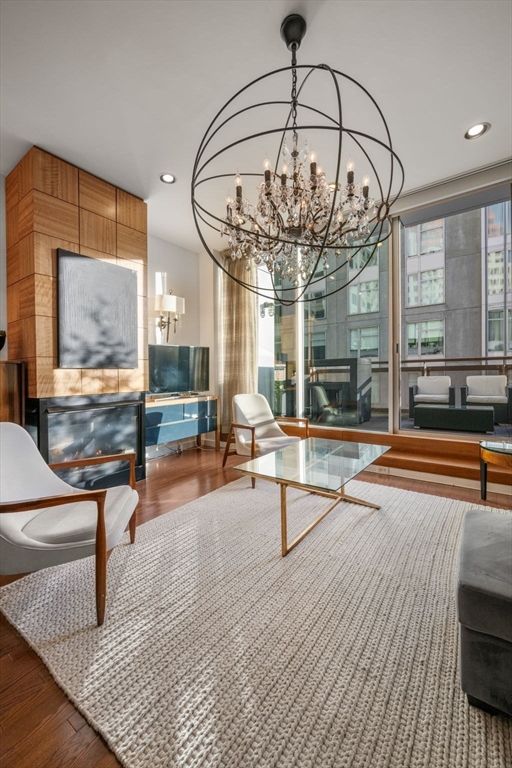 Chandelier, Interior, Living room, Recessed Lighting, Wood Texture Flooring