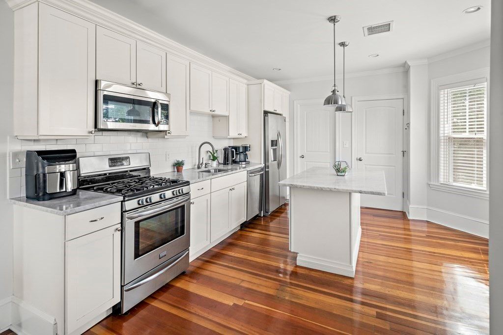 Interior, Kitchen, Pendant Lights, Recessed Lighting, Stainless Steel Appliances, Wood Texture Flooring