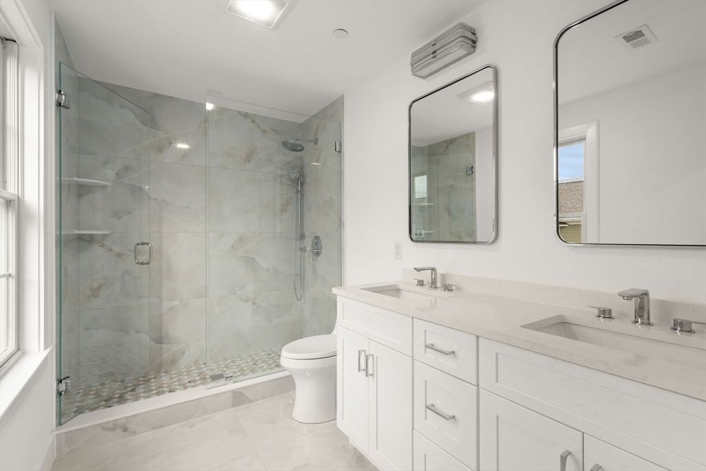 Bathroom, Dual Sink Vanities, Glass Shower, Interior, Marble Walls, Recessed Lighting