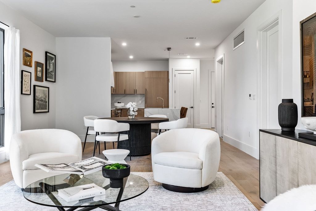 Dining room, Interior, Kitchen, Living room, Recessed Lighting, Wood Texture Flooring