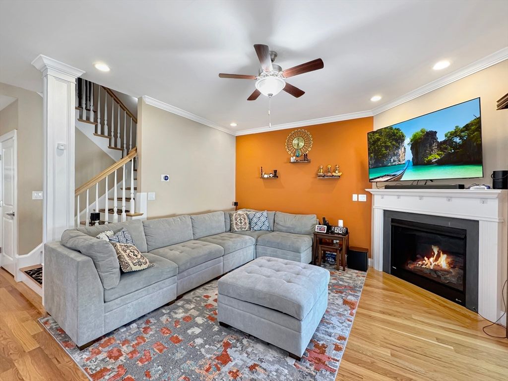 Fireplace, Interior, Living room, Recessed Lighting, Wood Texture Flooring