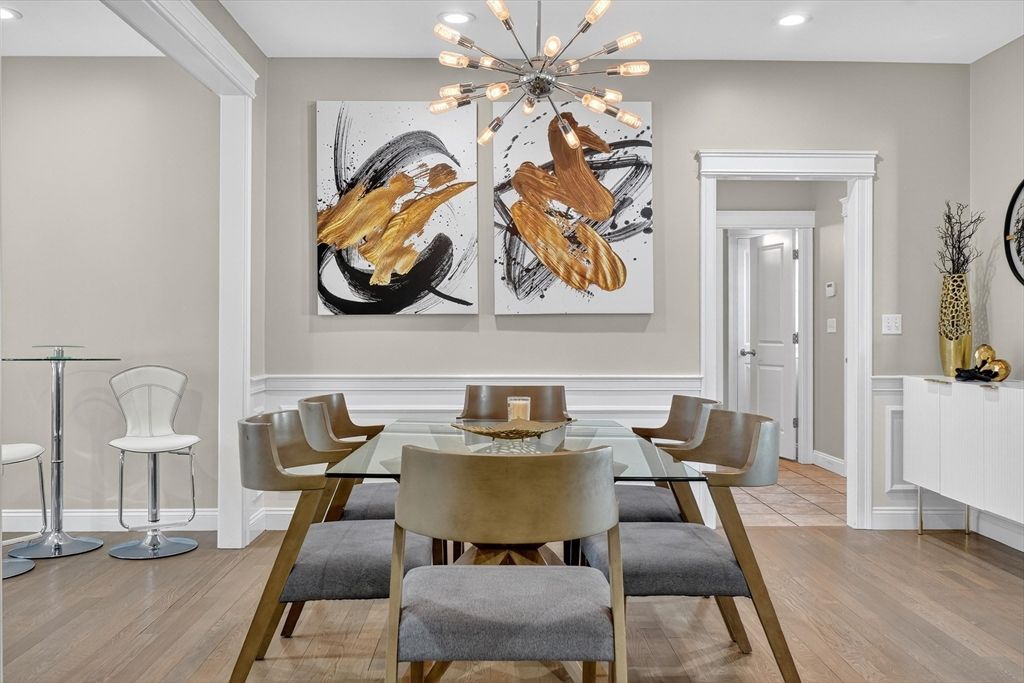 Dining room, Interior, Pendant Lights, Recessed Lighting, Wood Texture Flooring