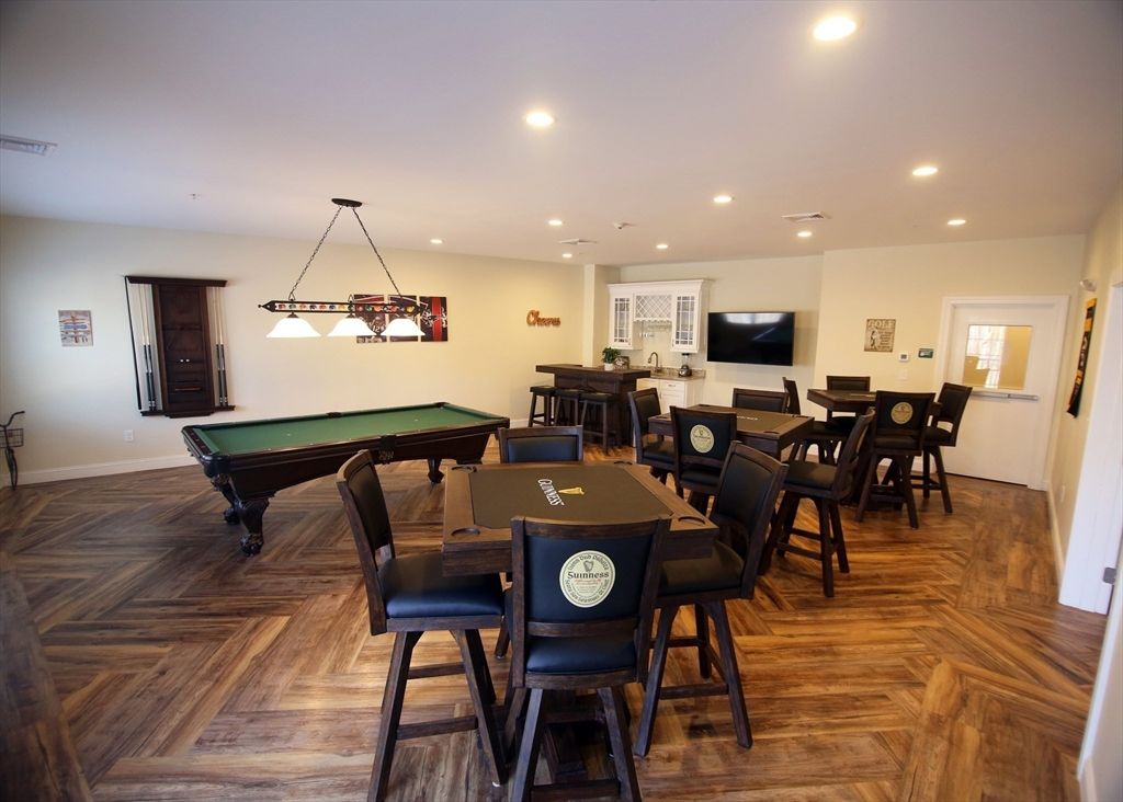 Billiard Table, Dining room, Game Room, Interior, Pendant Lights, Recessed Lighting, Wood Texture Flooring