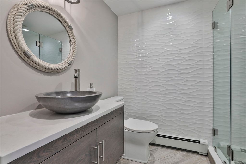 Bathroom, Glass Shower, Interior, Wood Texture Flooring