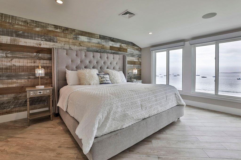 Bedroom, Interior, Recessed Lighting, Water, Wood Texture Flooring, Wooden Walls