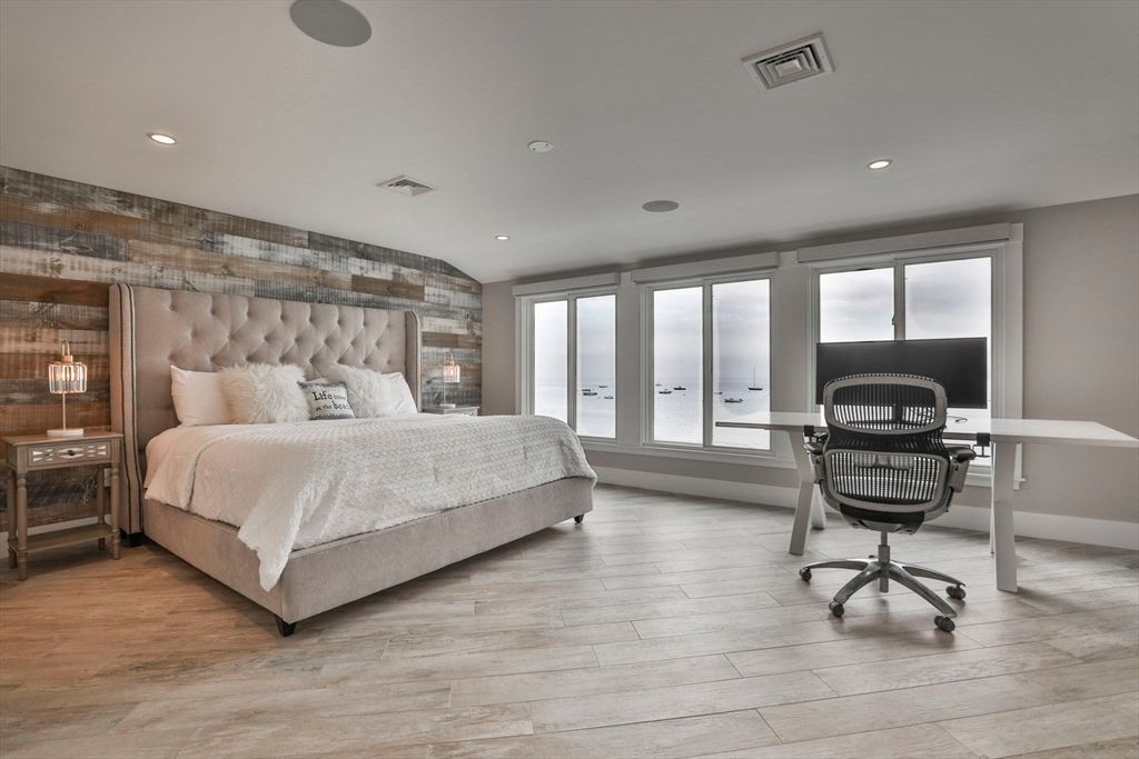 Bedroom, Home Office, Interior, Recessed Lighting, Water, Wood Texture Flooring, Wooden Walls