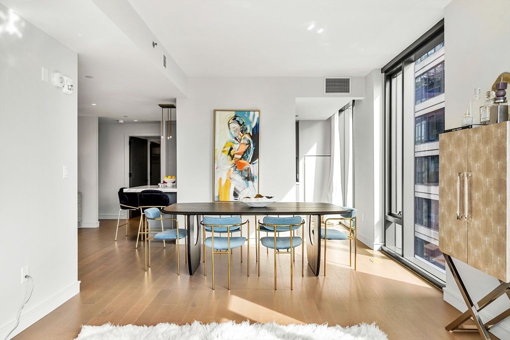 Dining room, Interior, Pendant Lights, Recessed Lighting, Wood Texture Flooring