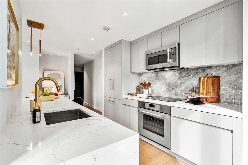 Interior, Kitchen, Recessed Lighting, Stainless Steel Appliances, Wood Texture Flooring