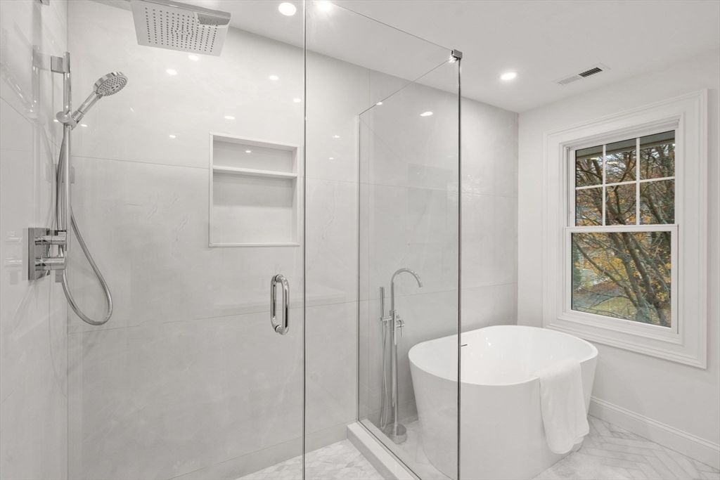 Bathroom, Free Standing Baths, Glass Shower, Interior, Marble, Marble Walls, Recessed Lighting