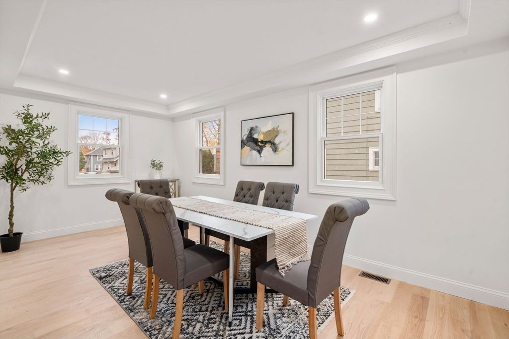 Dining room, Interior, Recessed Lighting, Wood Texture Flooring
