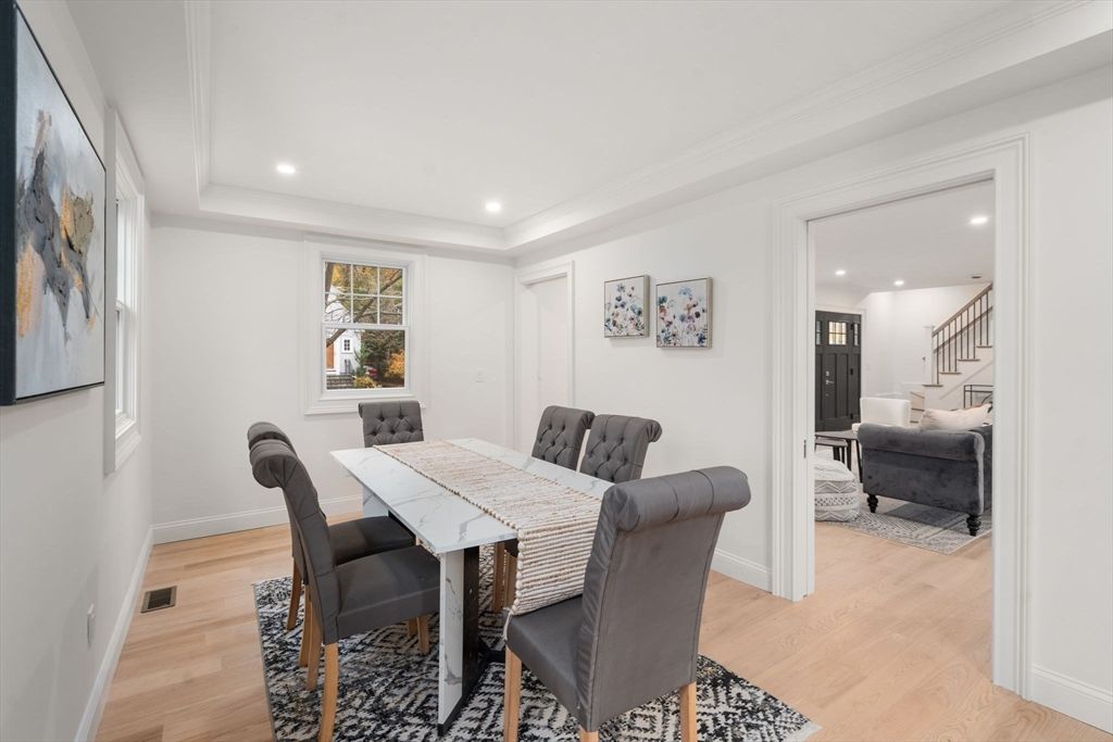 Dining room, Interior, Recessed Lighting, Wood Texture Flooring