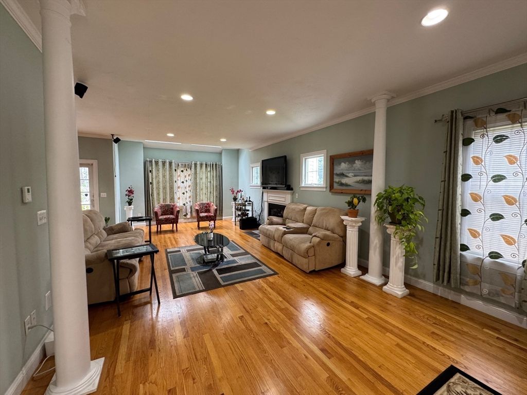 Fireplace, Interior, Living room, Recessed Lighting, Wood Texture Flooring