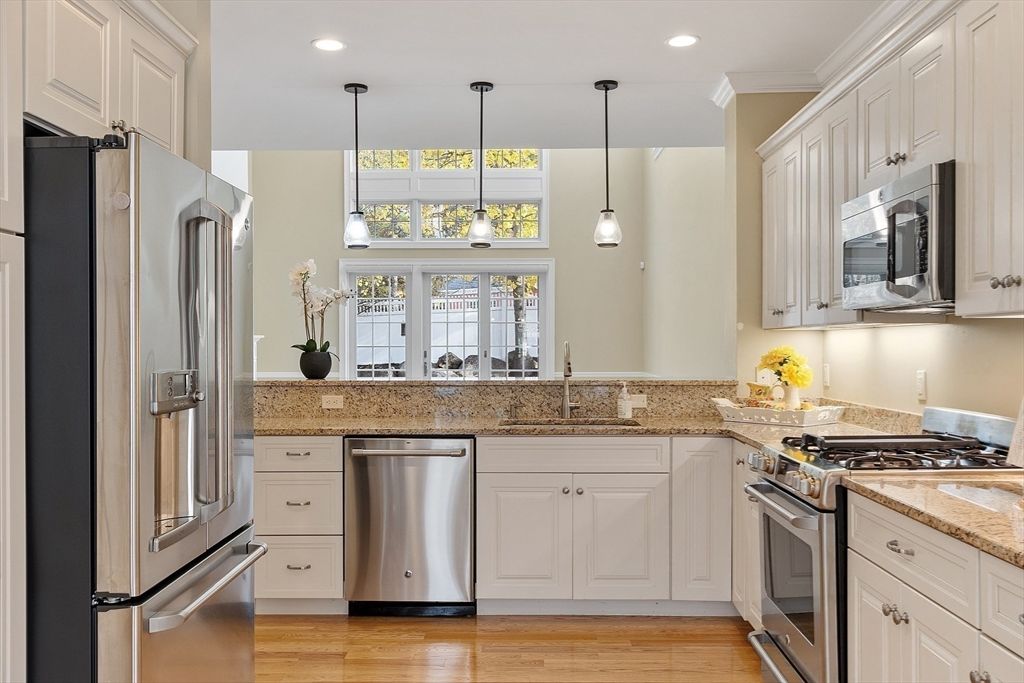 Interior, Kitchen, Pendant Lights, Recessed Lighting, Stainless Steel Appliances, Wood Texture Flooring