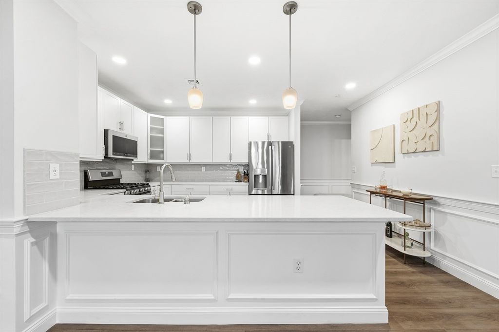 Interior, Kitchen, Pendant Lights, Recessed Lighting, Stainless Steel Appliances, Wood Texture Flooring