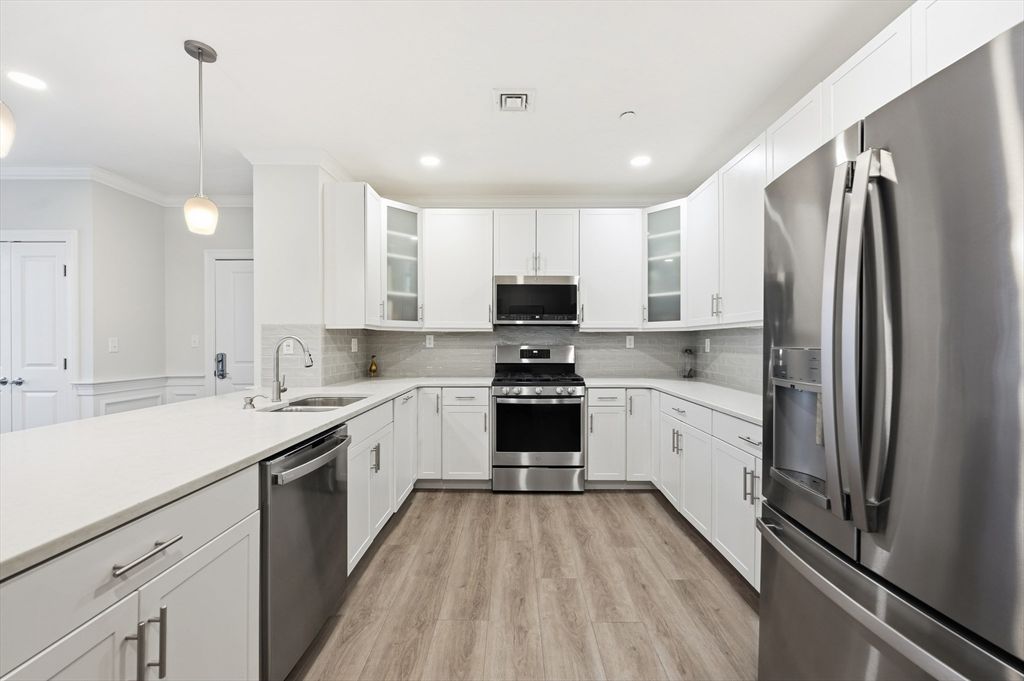 Interior, Kitchen, Pendant Lights, Recessed Lighting, Stainless Steel Appliances, Wood Texture Flooring