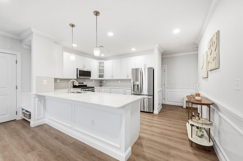 Interior, Kitchen, Pendant Lights, Recessed Lighting, Stainless Steel Appliances, Wood Texture Flooring