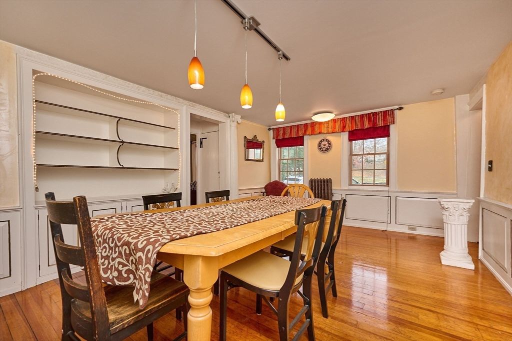 Dining room, Interior, Pendant Lights, Wood Texture Flooring