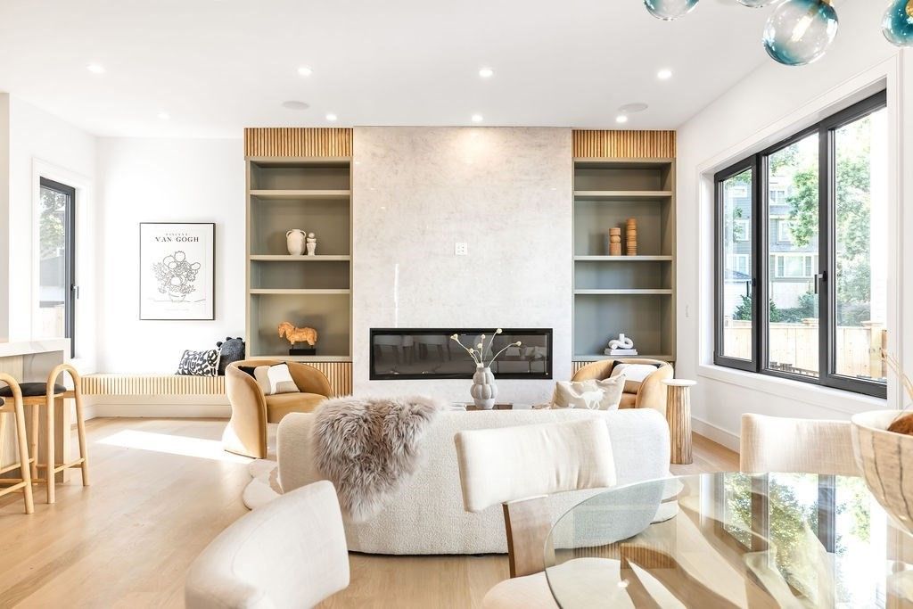 Fireplace, Interior, Living room, Recessed Lighting, Wood Texture Flooring