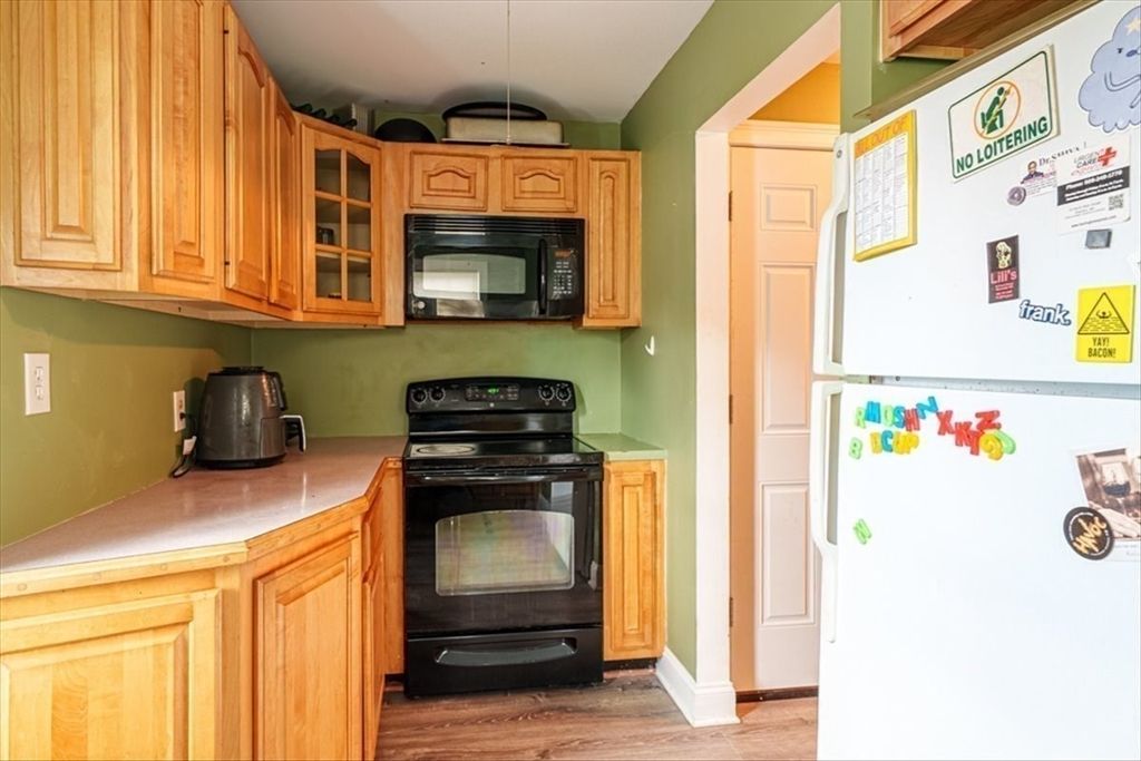 Interior, Kitchen, Tile Countertops, Wood Texture Flooring