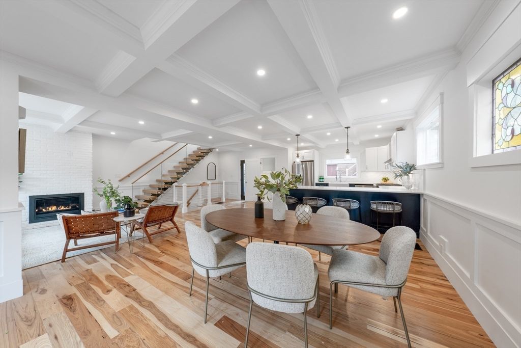 Dining room, Fireplace, Interior, Living room, Pendant Lights, Recessed Lighting, Stone Walls, Wood Texture Flooring