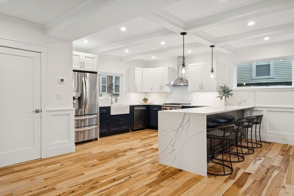 Interior, Kitchen, Marble Walls, Pendant Lights, Recessed Lighting, Stainless Steel Appliances, Wood Texture Flooring