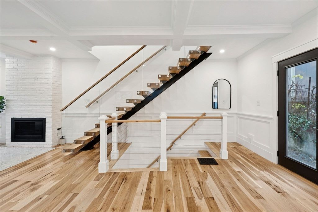 Fireplace, Interior, Recessed Lighting, Stone Walls, Wood Texture Flooring