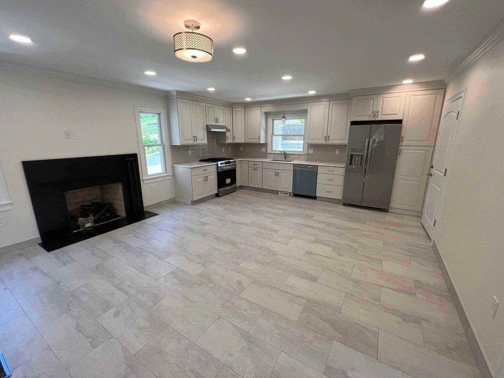 Fireplace, Interior, Kitchen, Recessed Lighting, Stainless Steel Appliances