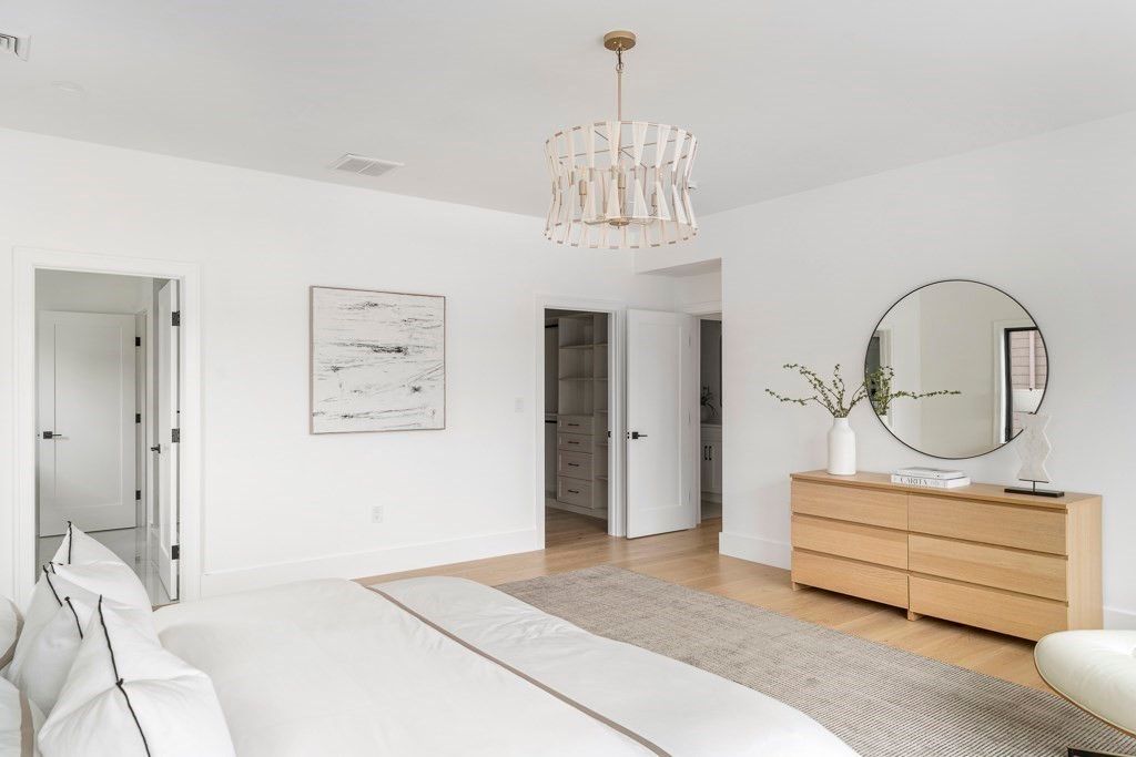 Bedroom, Chandelier, Interior, Pendant Lights, Wood Texture Flooring