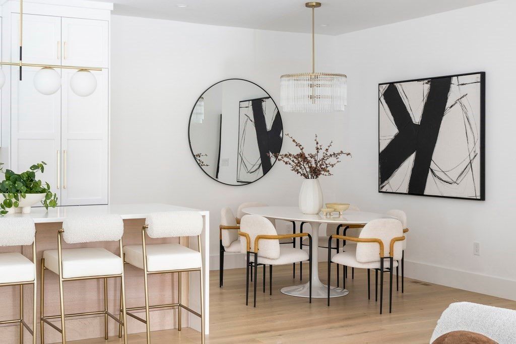 Dining room, Interior, Pendant Lights, Wood Texture Flooring