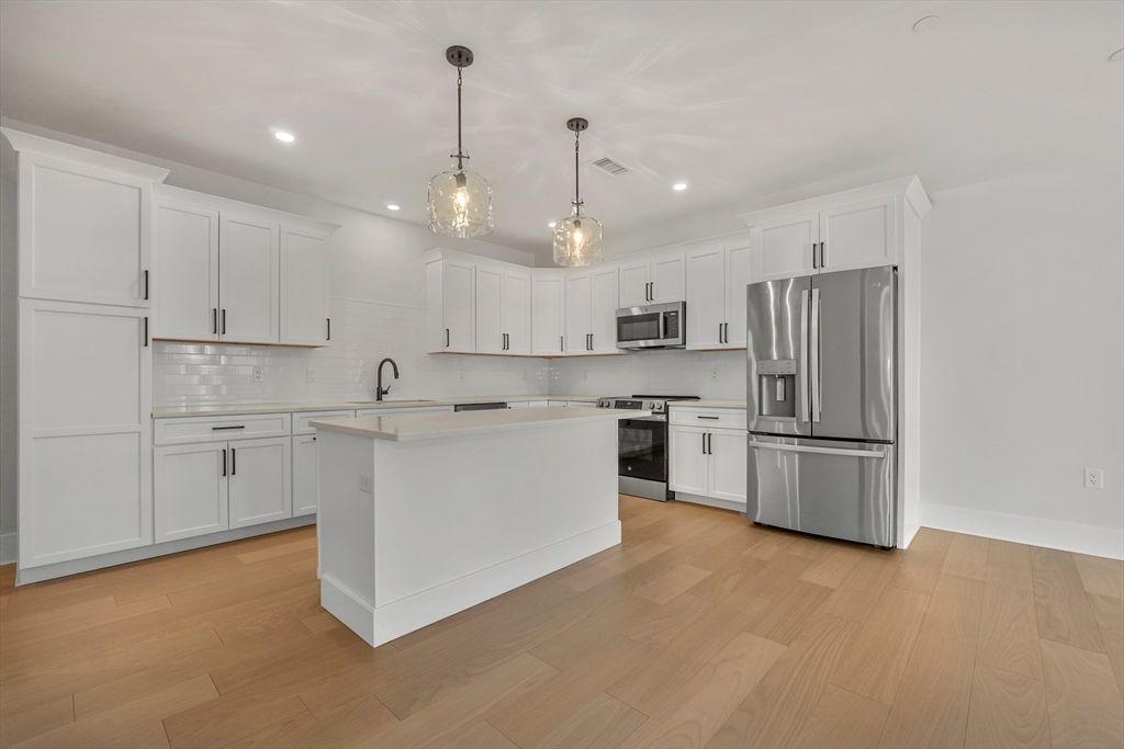 Interior, Kitchen, Pendant Lights, Recessed Lighting, Stainless Steel Appliances, Wood Texture Flooring