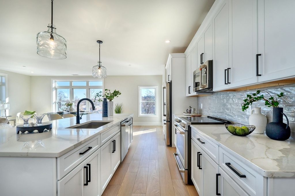 Interior, Kitchen, Pendant Lights, Recessed Lighting, Stainless Steel Appliances, Wood Texture Flooring