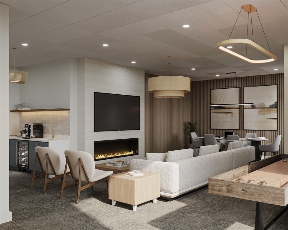 Dining room, Fireplace, Interior, Living room, Pendant Lights, Recessed Lighting