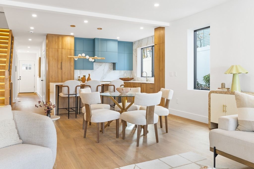Dining room, Interior, Recessed Lighting, Wood Texture Flooring